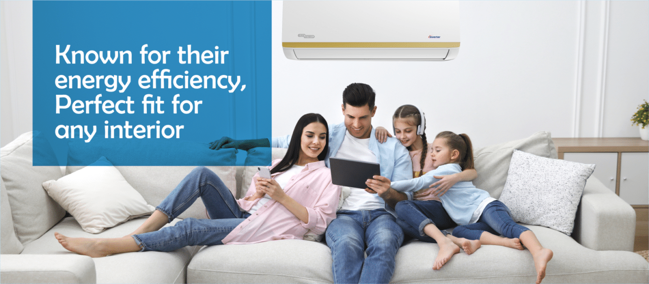 Family sitting on sofa and enjoying in air conditioner